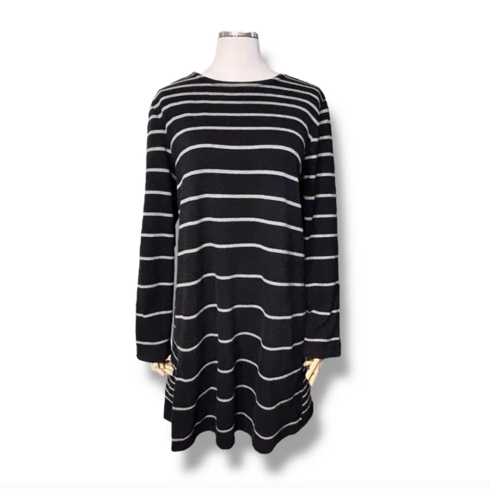 J. JILL Brushed French Terry Crew Neck Dress Black with Grey Stripes